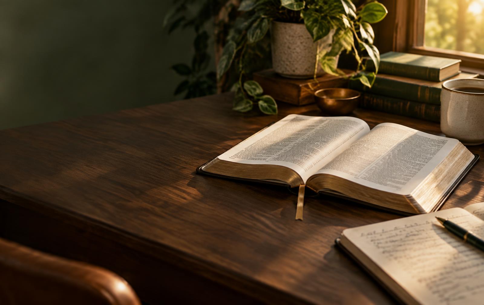 Biblia abierta sobre una mesa de estudio iluminada por el sol